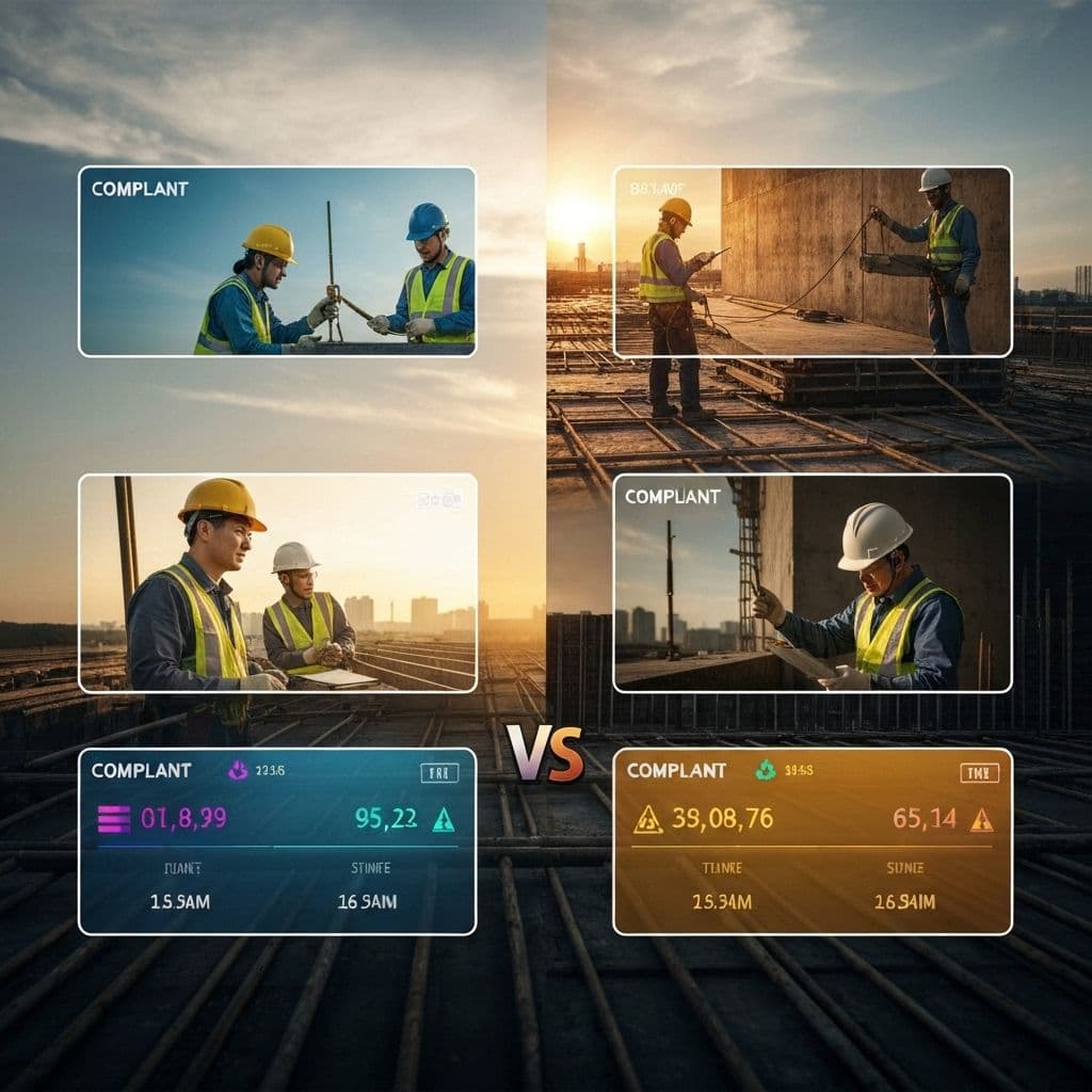 Construction crew with digital safety compliance overlay